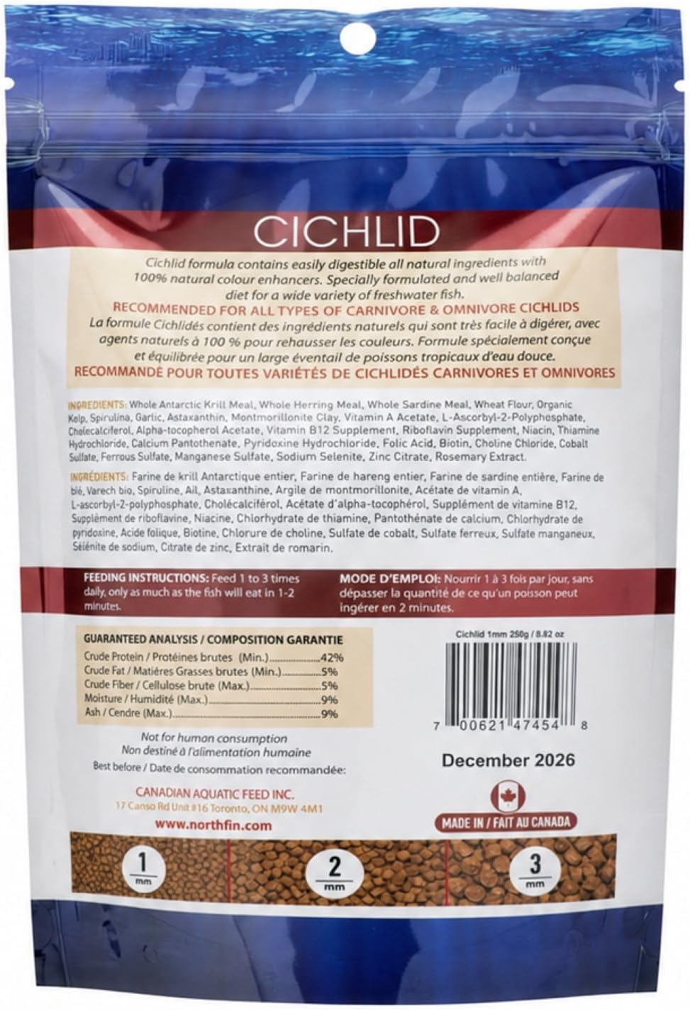 Northfin Cichlid Fish Food 250 gram container back label