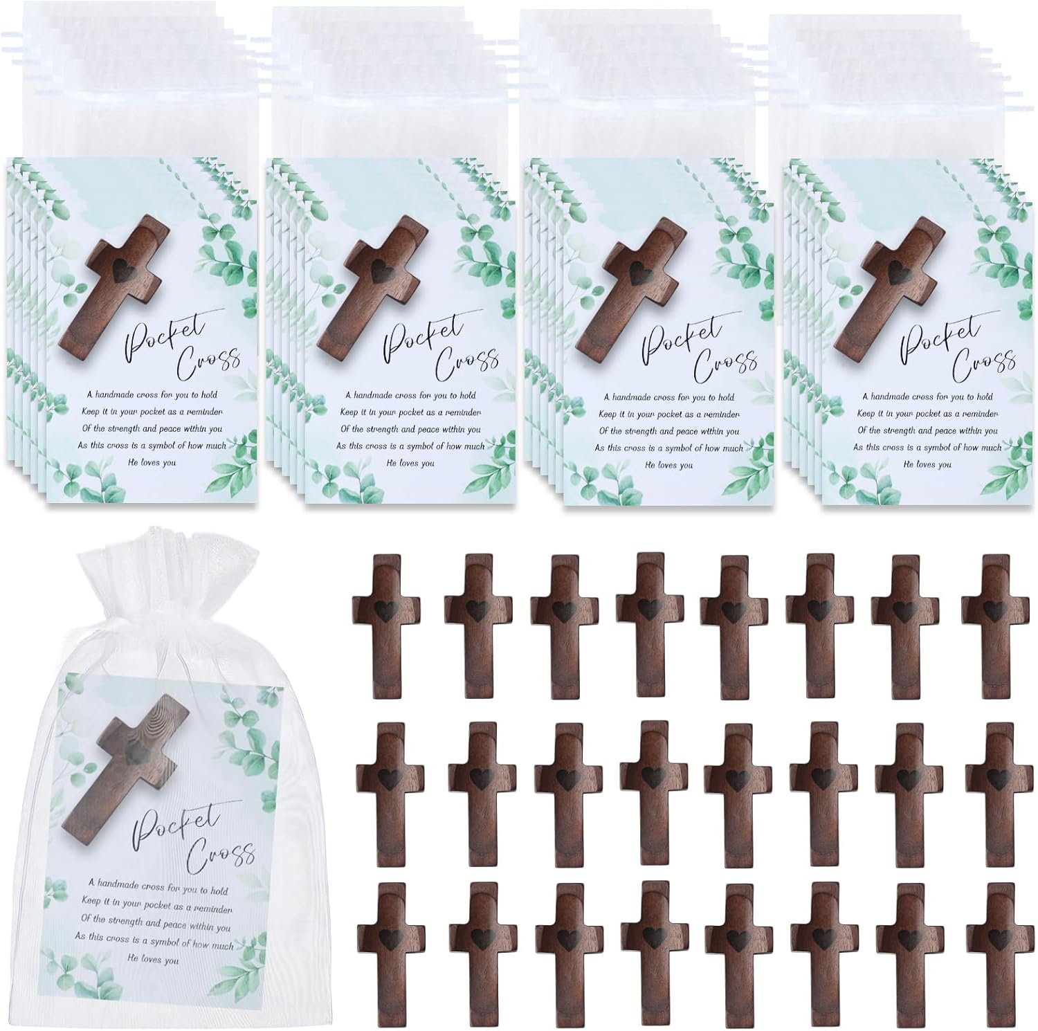 Zealor wooden pocket cross bulk set front view showing twenty four pieces