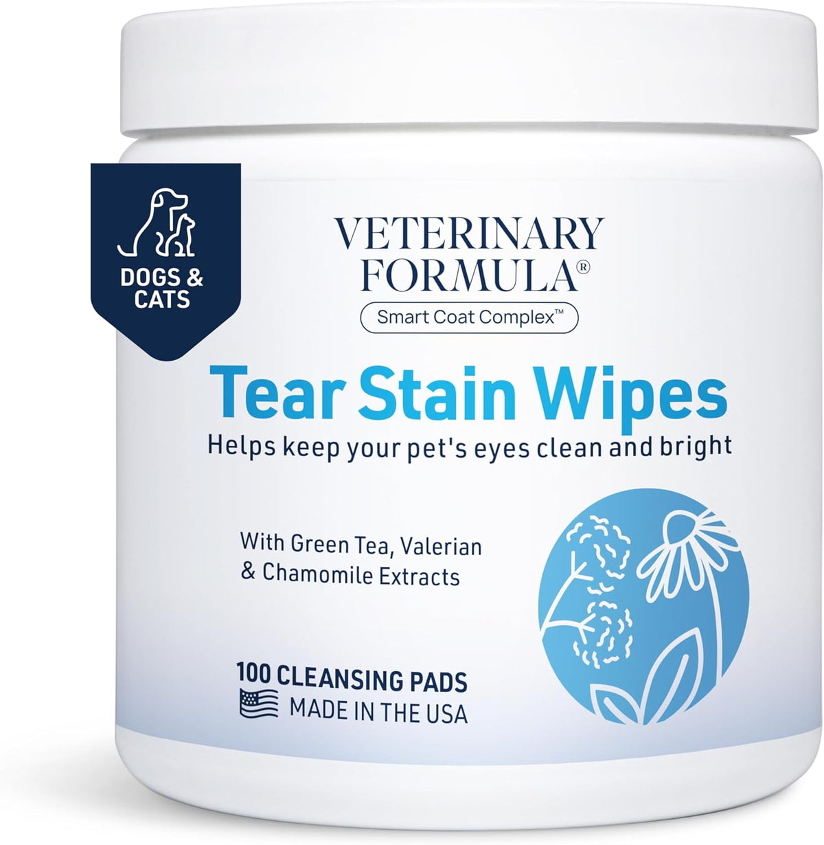 Veterinary Formula Smart Coat Complex Eye and Face Wipes 100 count front tub view