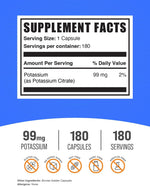 BulkSupplements Potassium Citrate Supplement nutritional facts panel showing 99mg dosage