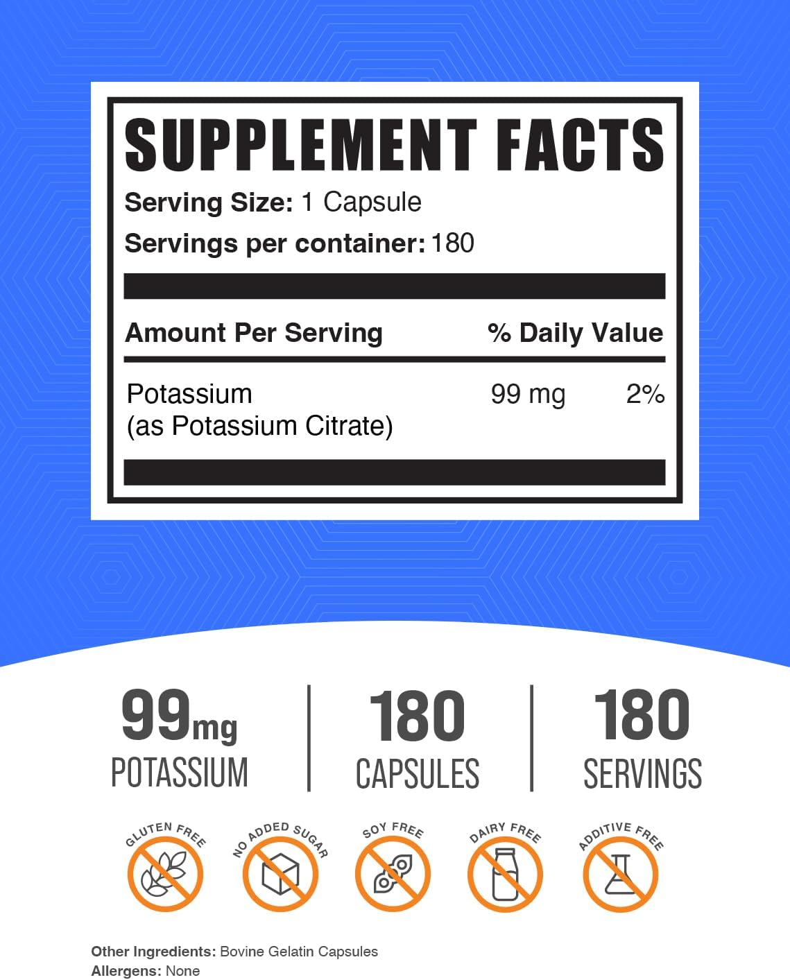 BulkSupplements Potassium Citrate Supplement nutritional facts panel showing 99mg dosage
