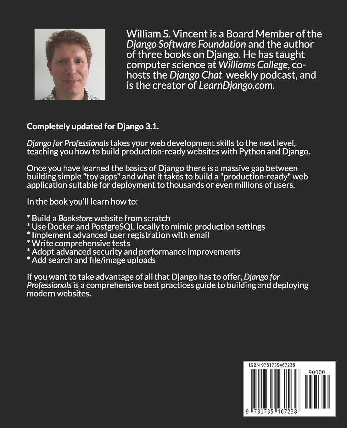 Back cover and spine details of Django for Professionals Python guide