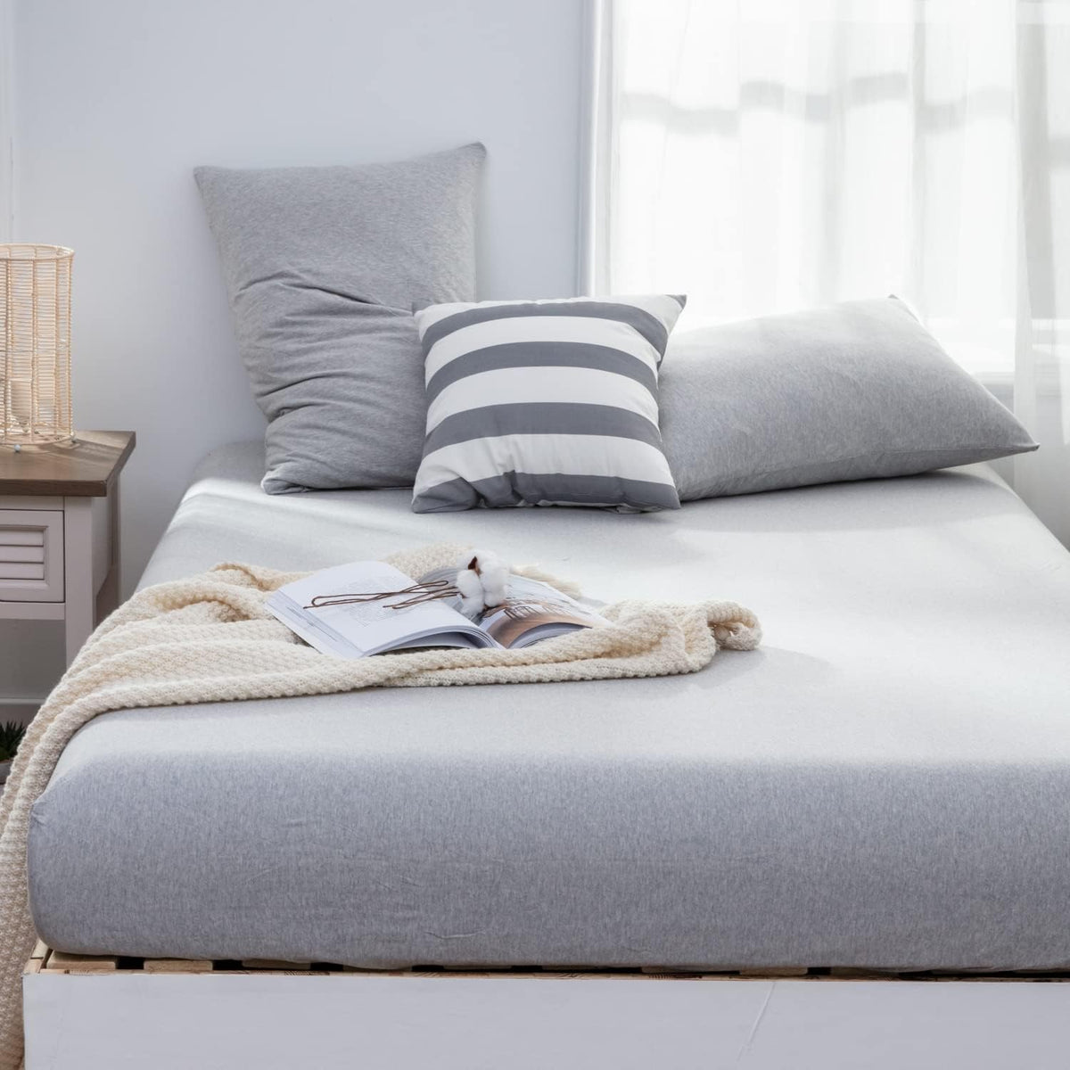 Lifetown jersey knit cotton fitted sheet queen light grey front view