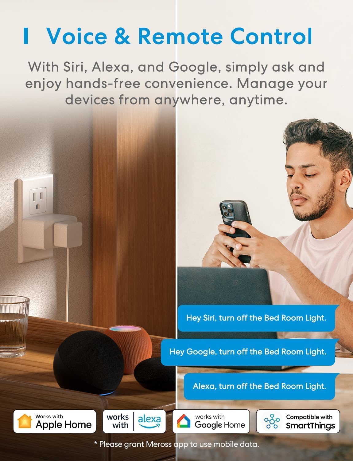Meross smart plug side profile showing slim width dimensions