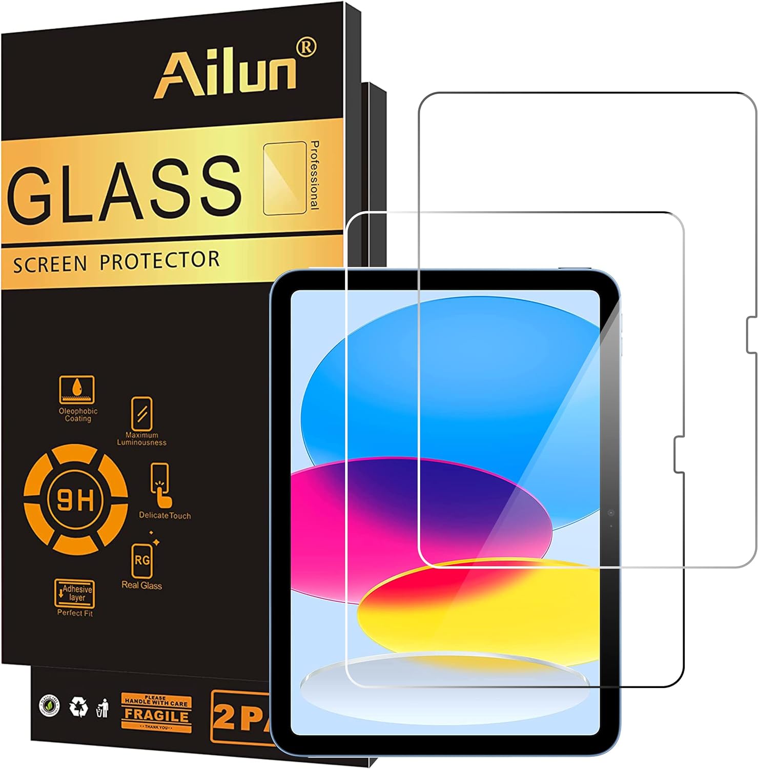 Ailun 2 Pack Tempered Glass Screen Protector for iPad 10th Gen front view