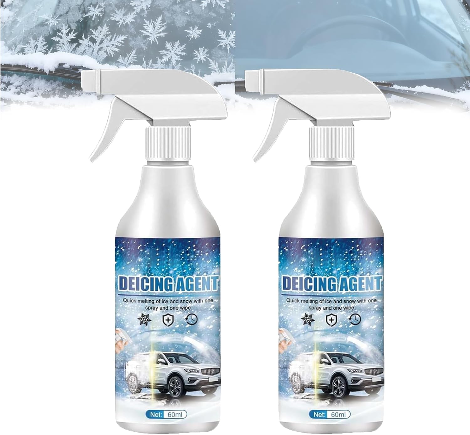 Bnf car windshield deicer spray front view showing the twin pack bottles with spray nozzles for winter vehicle glass maintenance