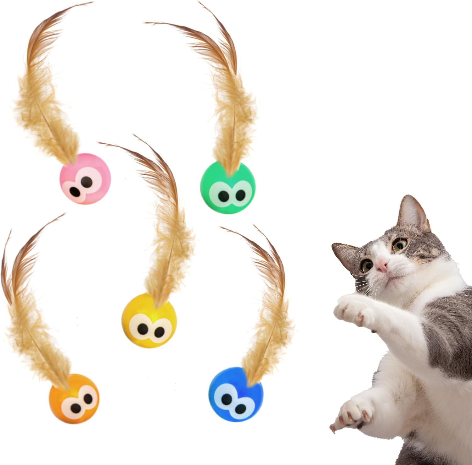 Bouncy Tails interactive bouncy ball cat toy 5 pack front view showing colorful rubber spheres and attached natural feathers