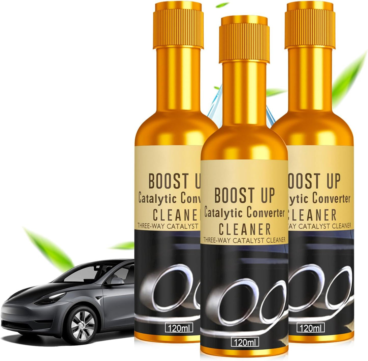 Omaky catalytic converter cleaner three pack front view showing the product packaging for engine exhaust maintenance.