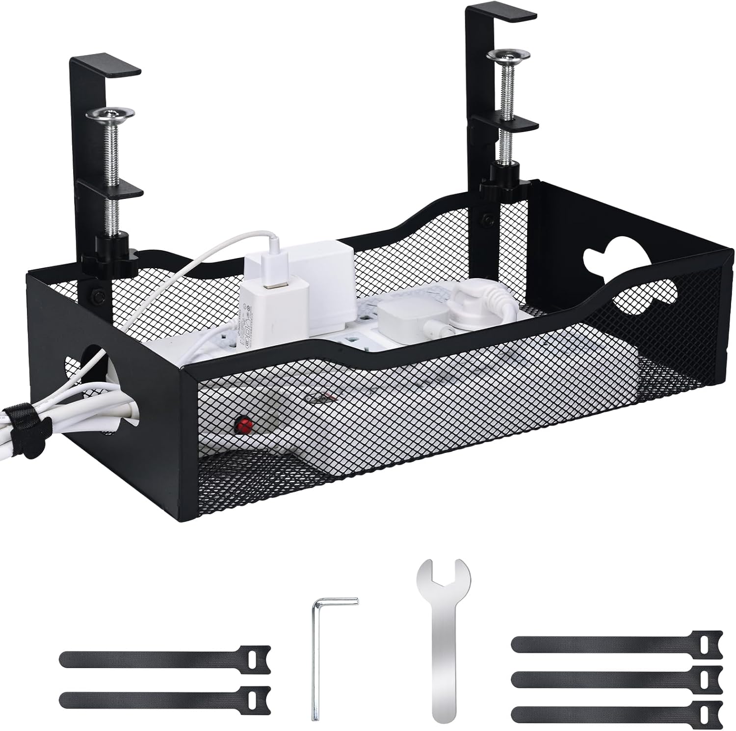 G.Sumiker Large Under Desk Cable Management Tray front view showing heavy duty steel wire mesh construction for office organization.