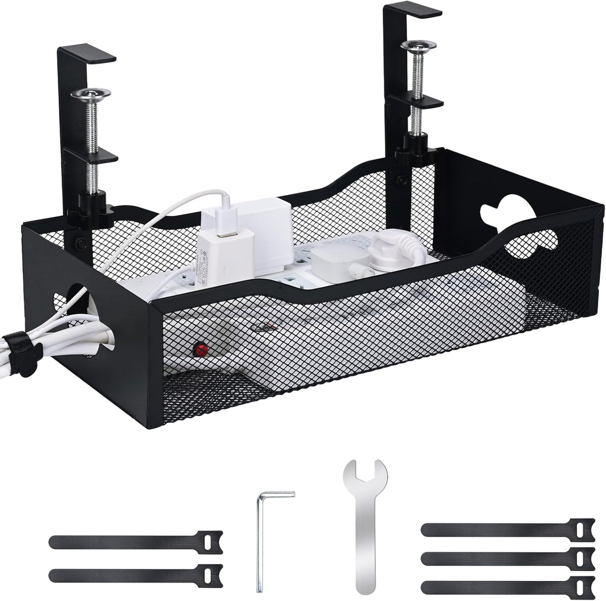 G.Sumiker Large Under Desk Cable Management Tray front view showing heavy duty steel wire mesh construction for office organization.