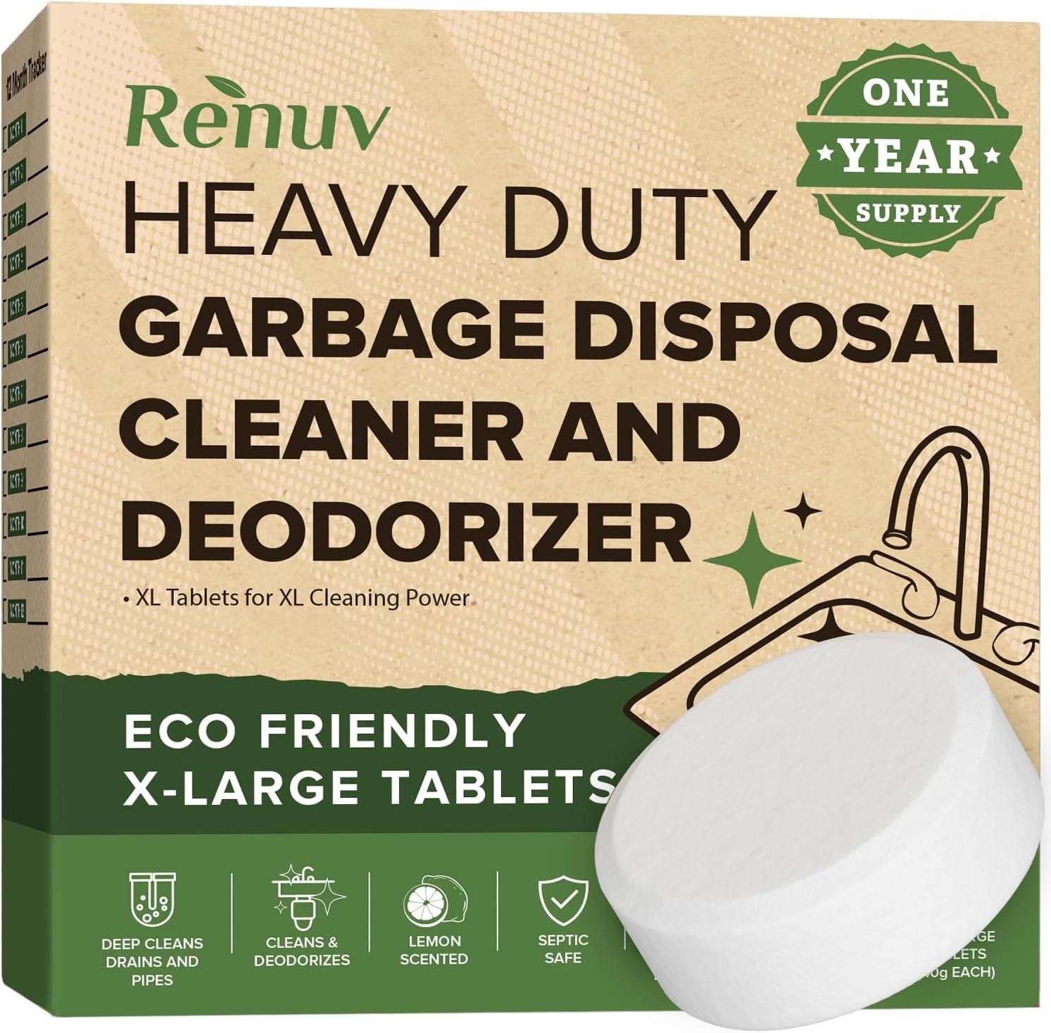 Renuv Garbage Disposal Cleaner and Deodorizer Tablets front view packaging