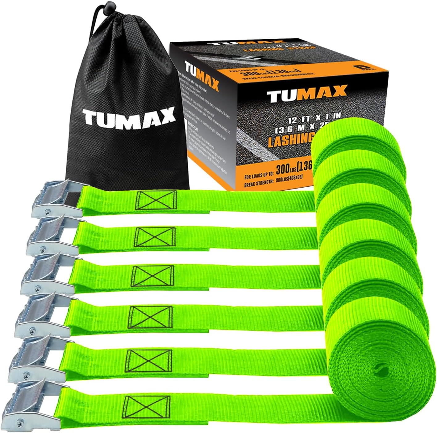 Tumax 6 pack green lashing straps with cam buckles front view