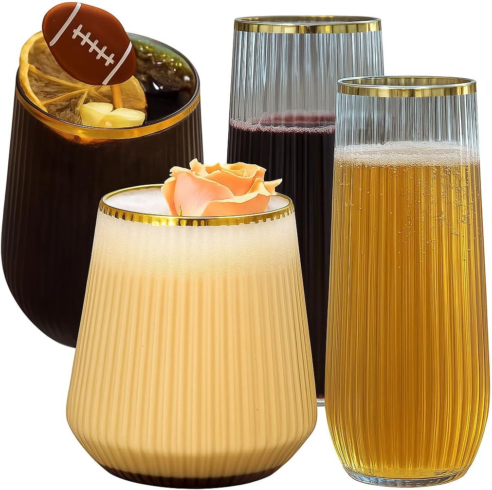 Oojami Ribbed Origami Ripple Plastic Glasses front view gold rim partyware.