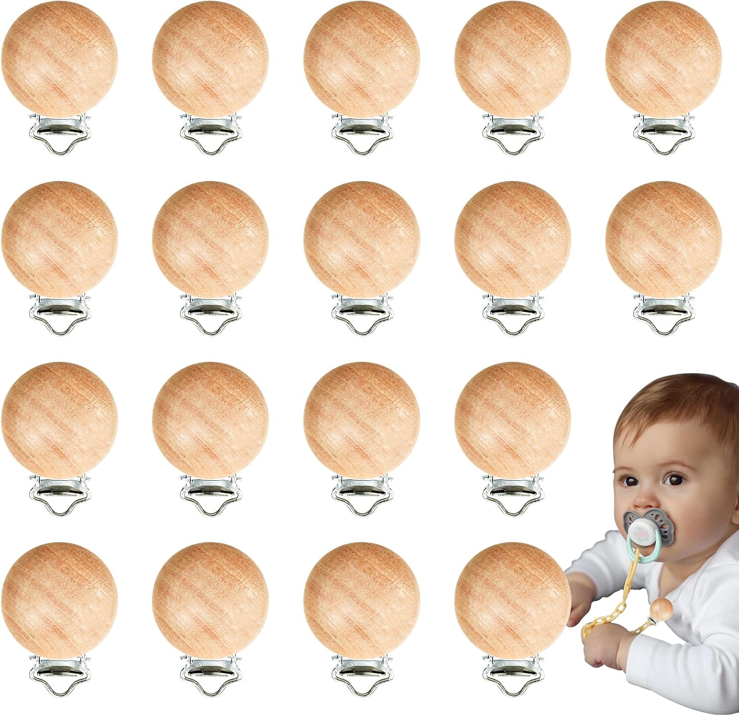 Suptizizkz Wood Pacifier Clips front view pack of eighteen natural wood baby accessory fasteners