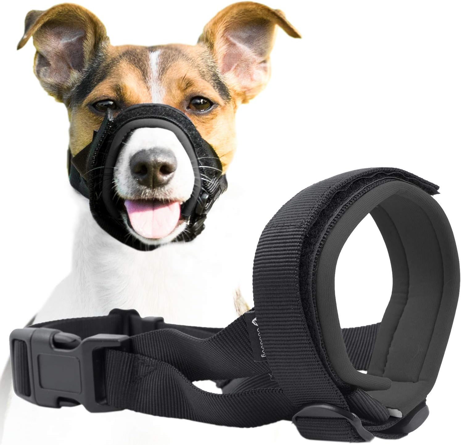 GoodBoy Gentle Muzzle Guard for dogs front view showing grey nylon strap and soft neoprene padding