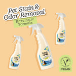 Non-toxic pet mess remover bottle showing safe ingredients list.