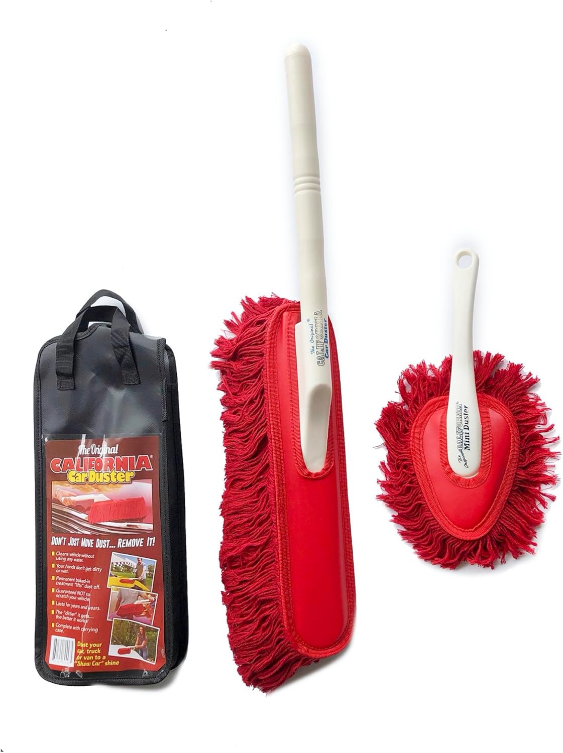 California Car Duster 62445 detailing kit front view showcasing red cotton mop head and plastic handle