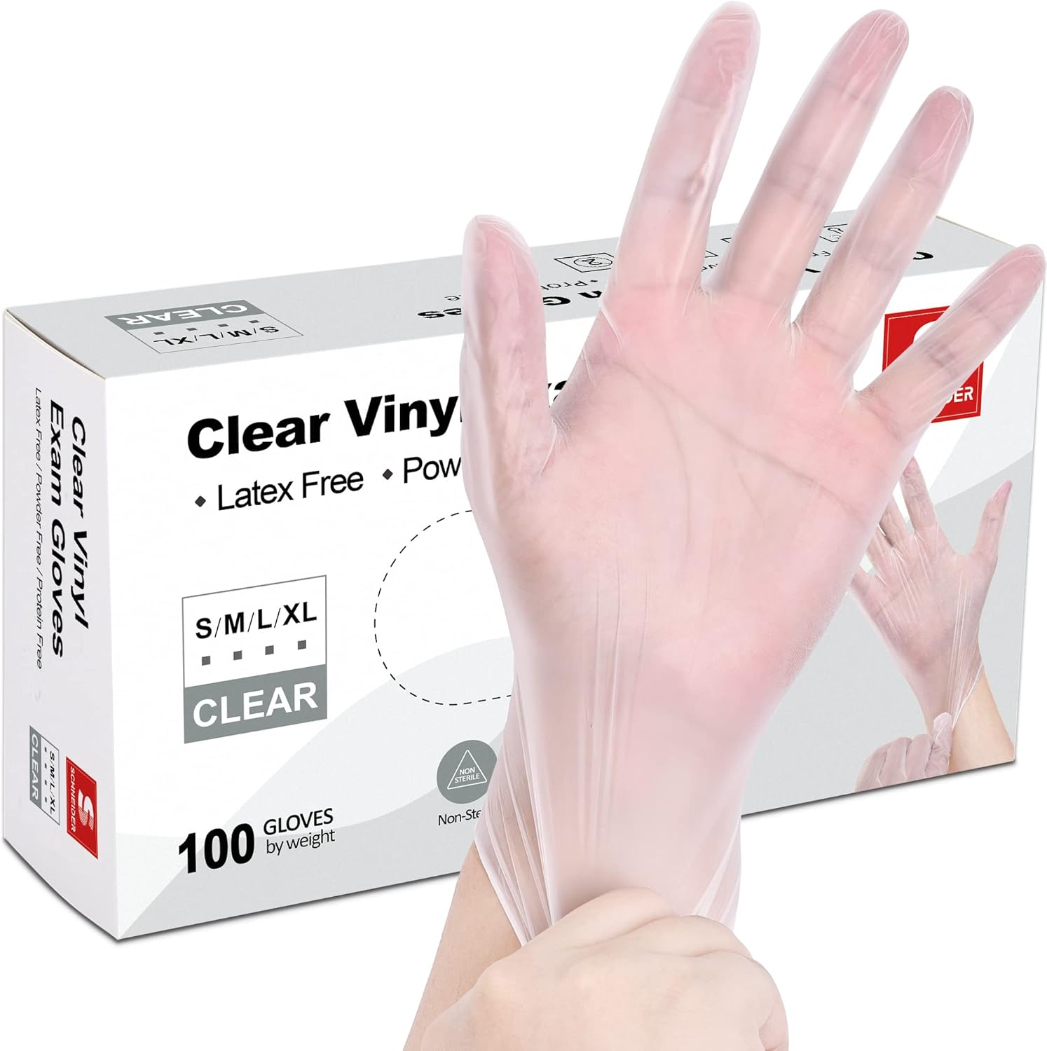 Schneider Clear Vinyl Exam Gloves front view of medical grade box.