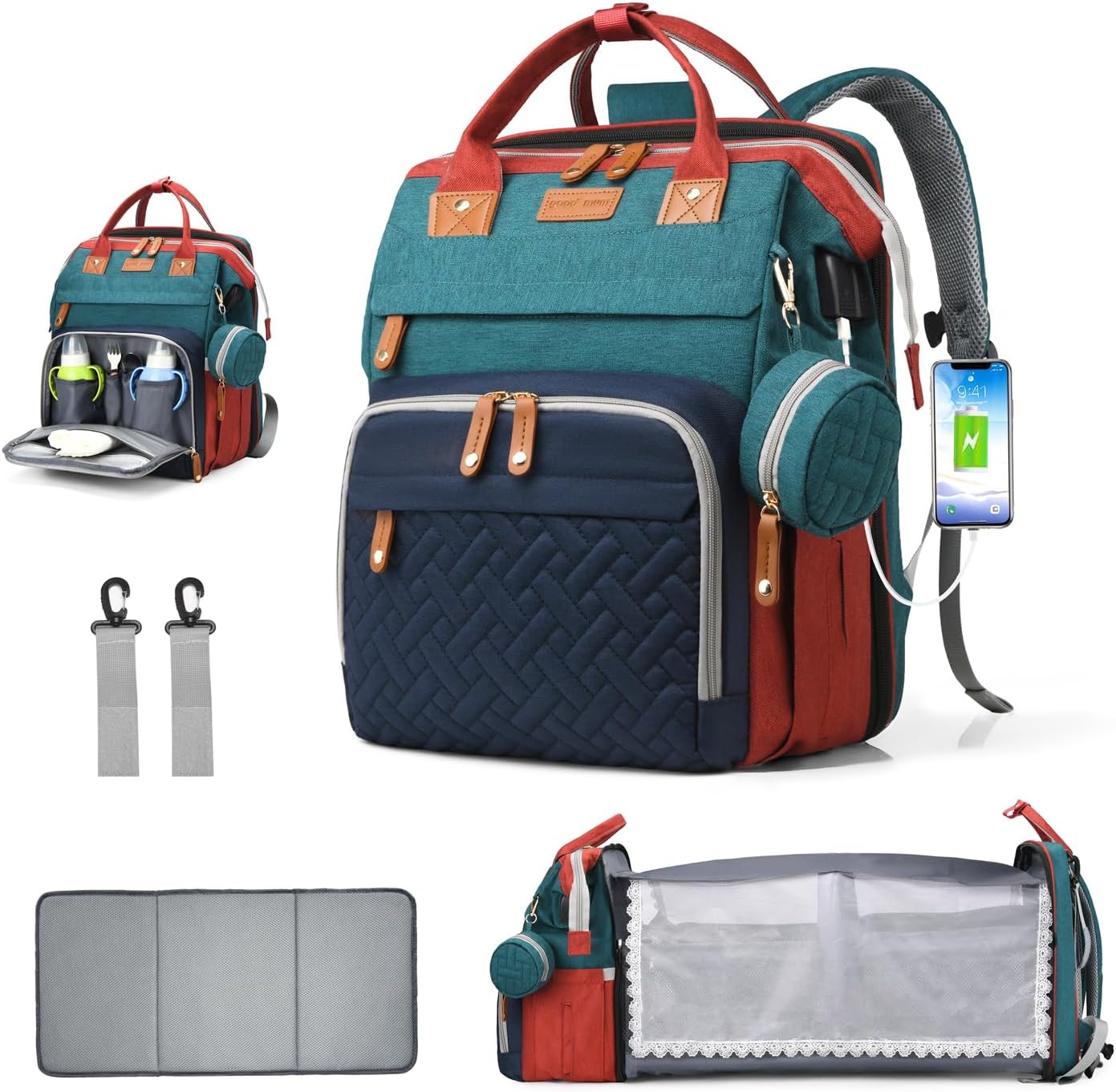 CESAILT diaper bag backpack front view showcasing its multicolor waterproof exterior and heavy-duty zipper compartments.