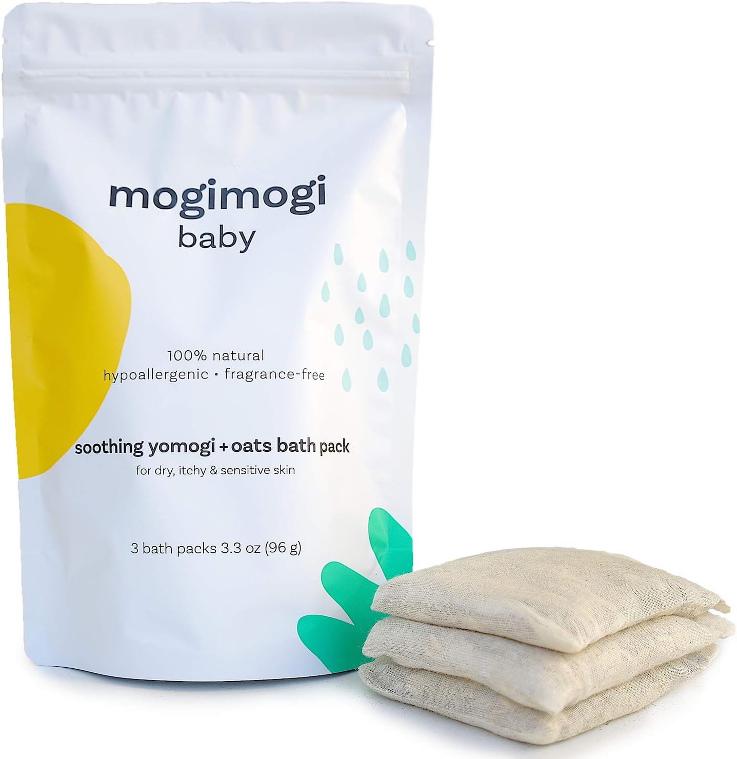 Mogimogi Baby organic oatmeal bath soak front packaging showing eczema relief benefit