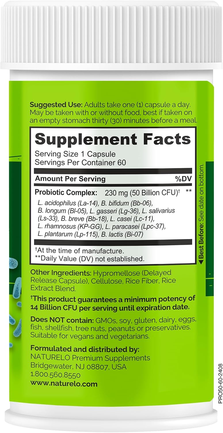Naturelo probiotic 50 billion CFU capsule close up