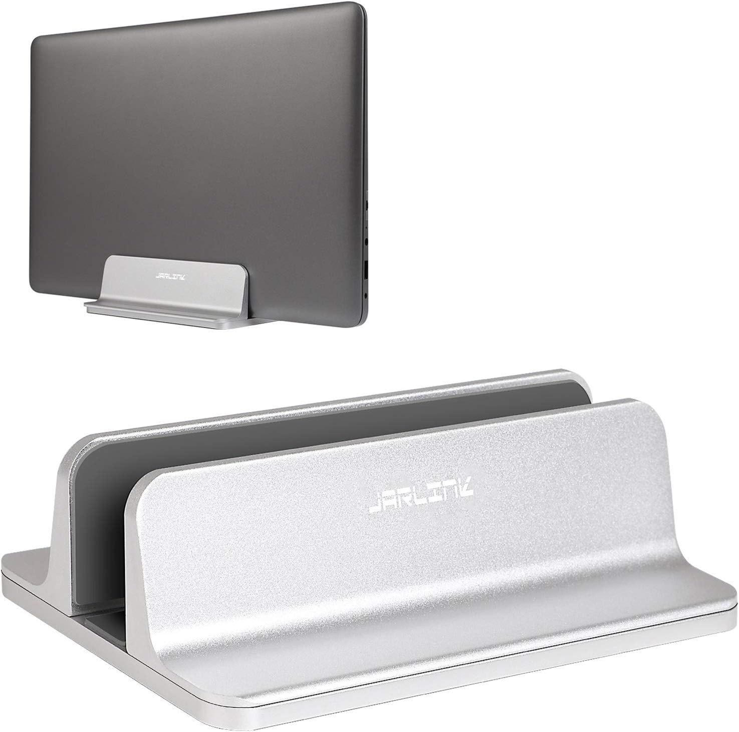 JARLINK Vertical Laptop Stand in silver aluminum front view on a clean office desk setup