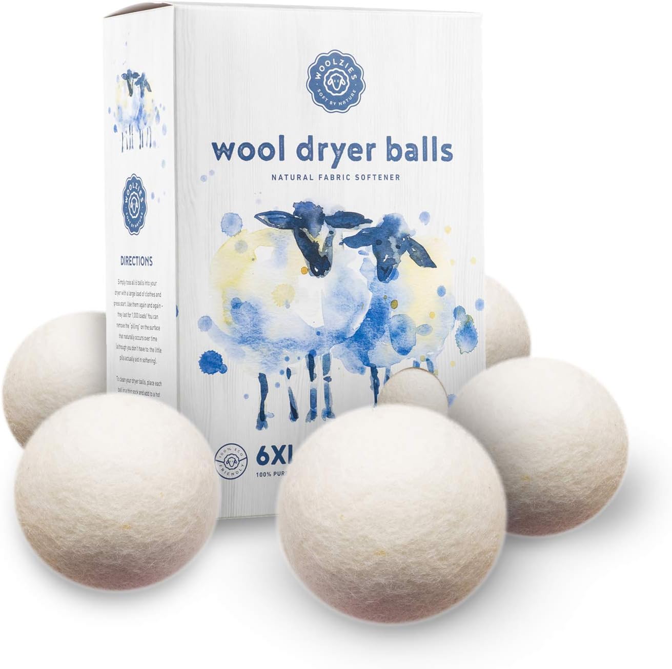 Woolzies Wool Dryer Balls Organic 6 pack front view organic laundry softener