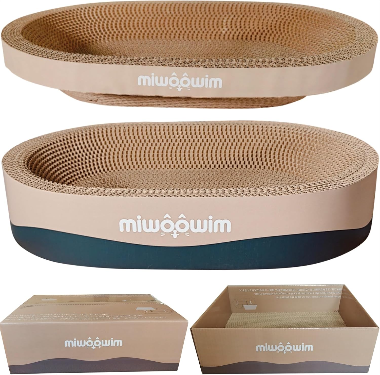 Miwoowim 3-Piece Cat Scratcher Set front view showing two oval cardboard bowls and one scratching box