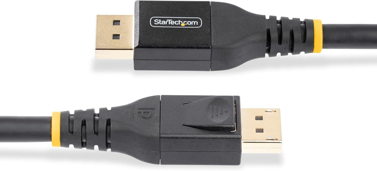 StarTech 8K DisplayPort cable connector close-up with latching mechanism