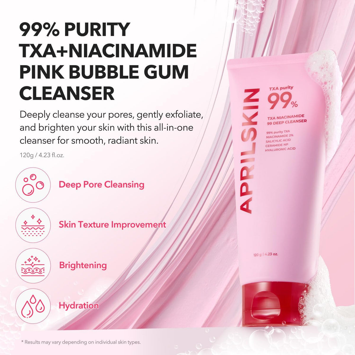 Aprilskin Pink Bubble Gum Deep Cleanser tube displaying key brightening ingredients