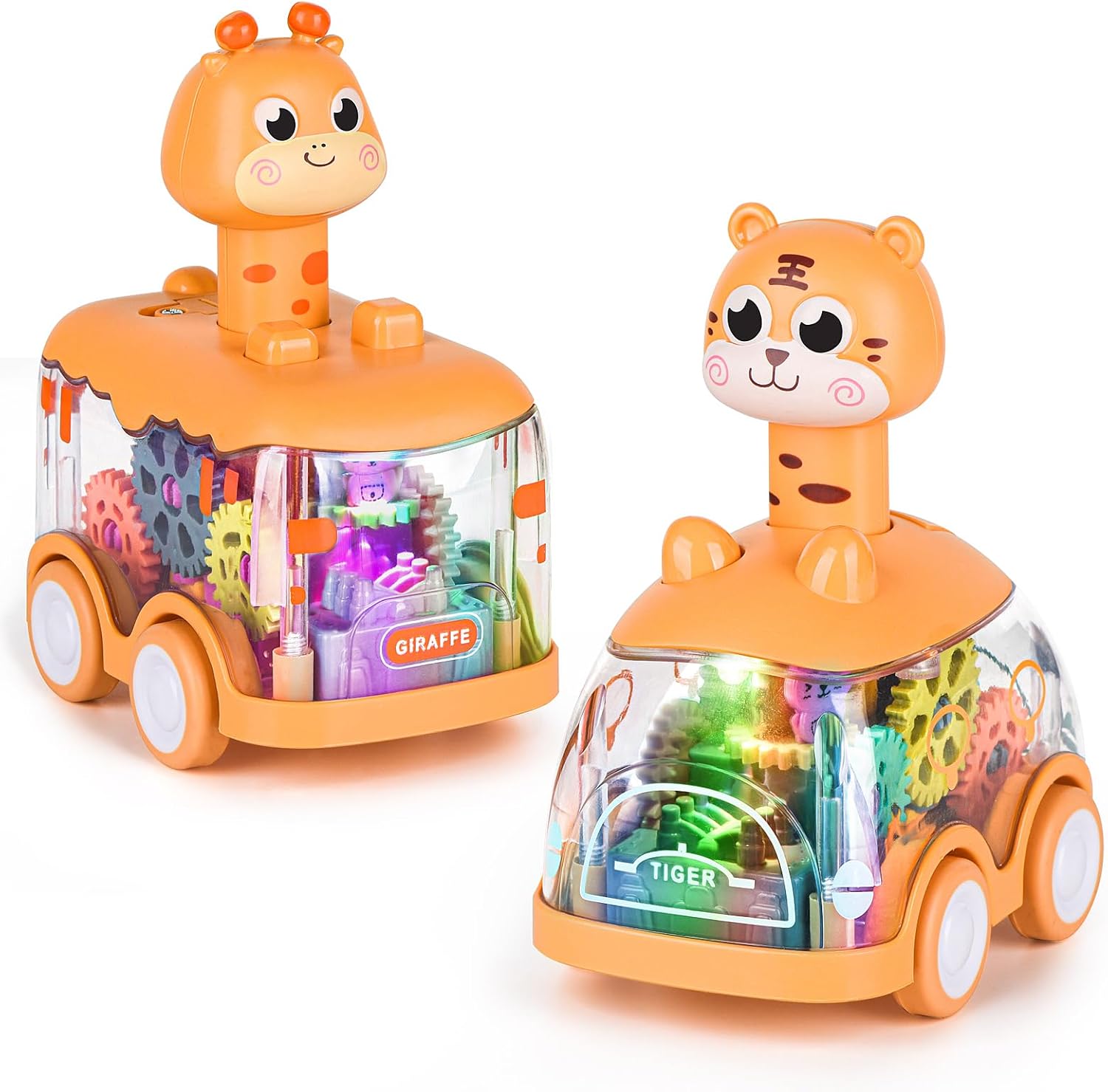 ShinySong Baby Toy Cars front view of giraffe and tiger vehicles showcasing transparent bodies