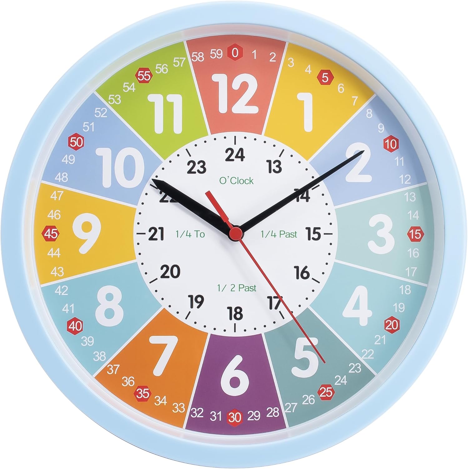 Laimaimi learning clock for kids blue analog front view showing rainbow face