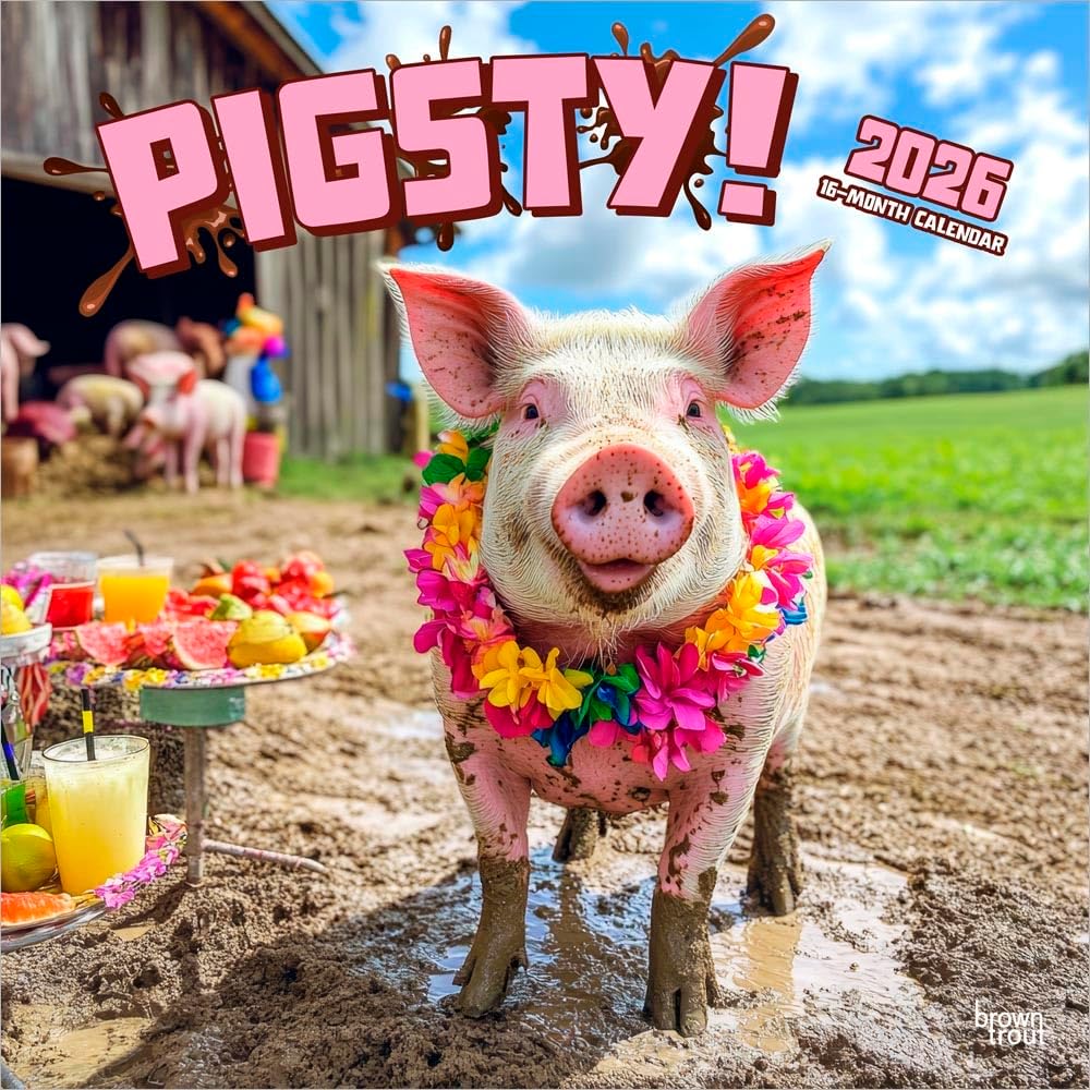 Pigsty | 2026 12 x 24 Inch (Hanging) Monthly Square Wall Calendar | Plastic-Free | BrownTrout | Domestic Pet Farm Animals - Image 1