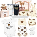 Amgkonp sixteen piece gender reveal gift box front view featuring premium newborn essentials and parent tumblers.