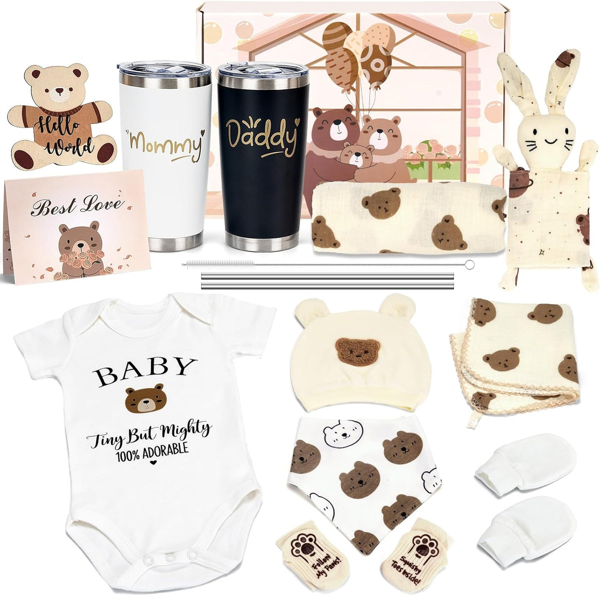 Amgkonp sixteen piece gender reveal gift box front view featuring premium newborn essentials and parent tumblers.