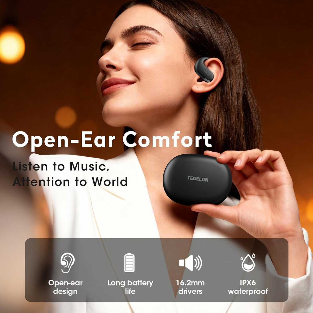 Tedelon wireless earbuds resting on a clean surface showcasing the adjustable ear hook