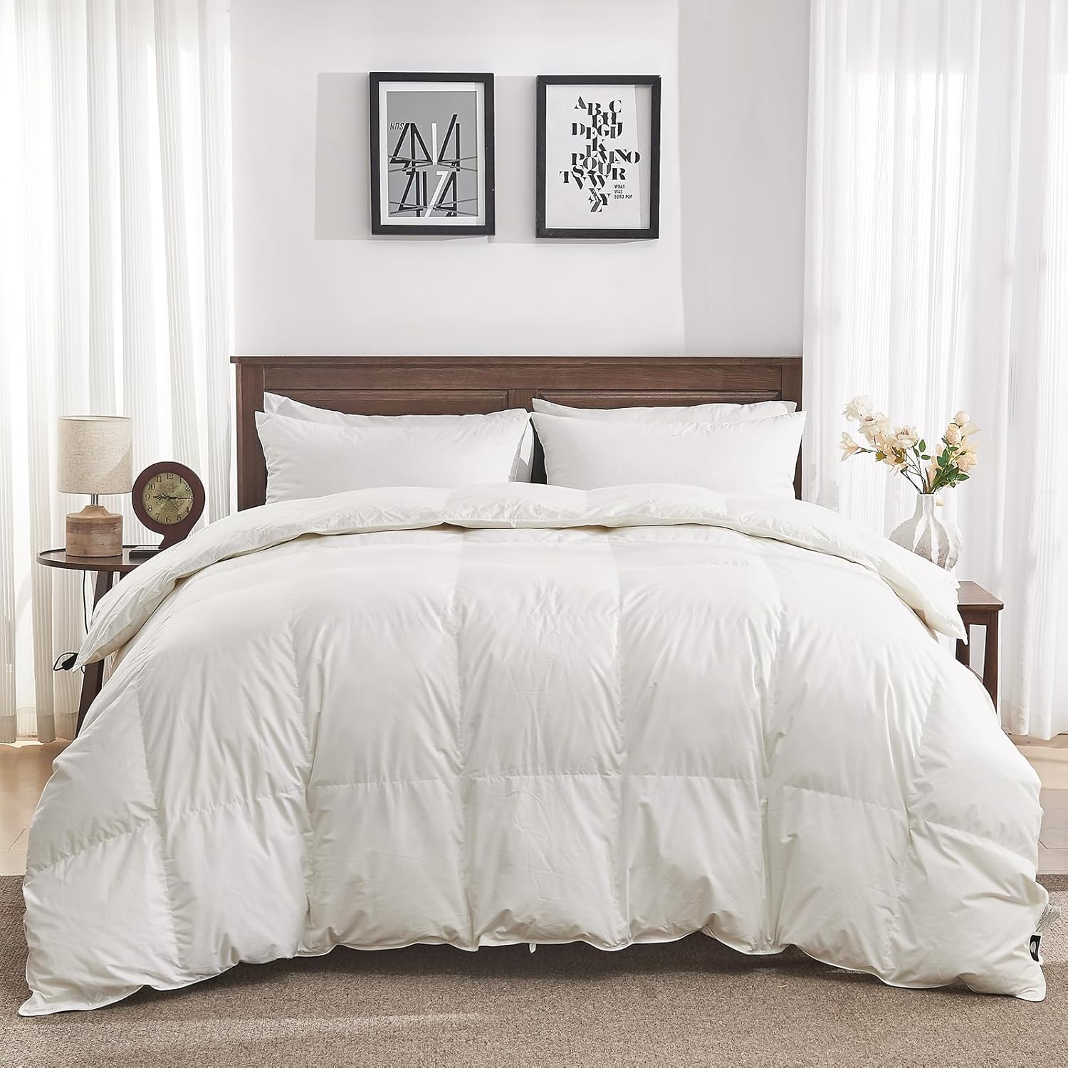 Oaken-Cat organic cotton goose feather down comforter full size front view on a luxury bed