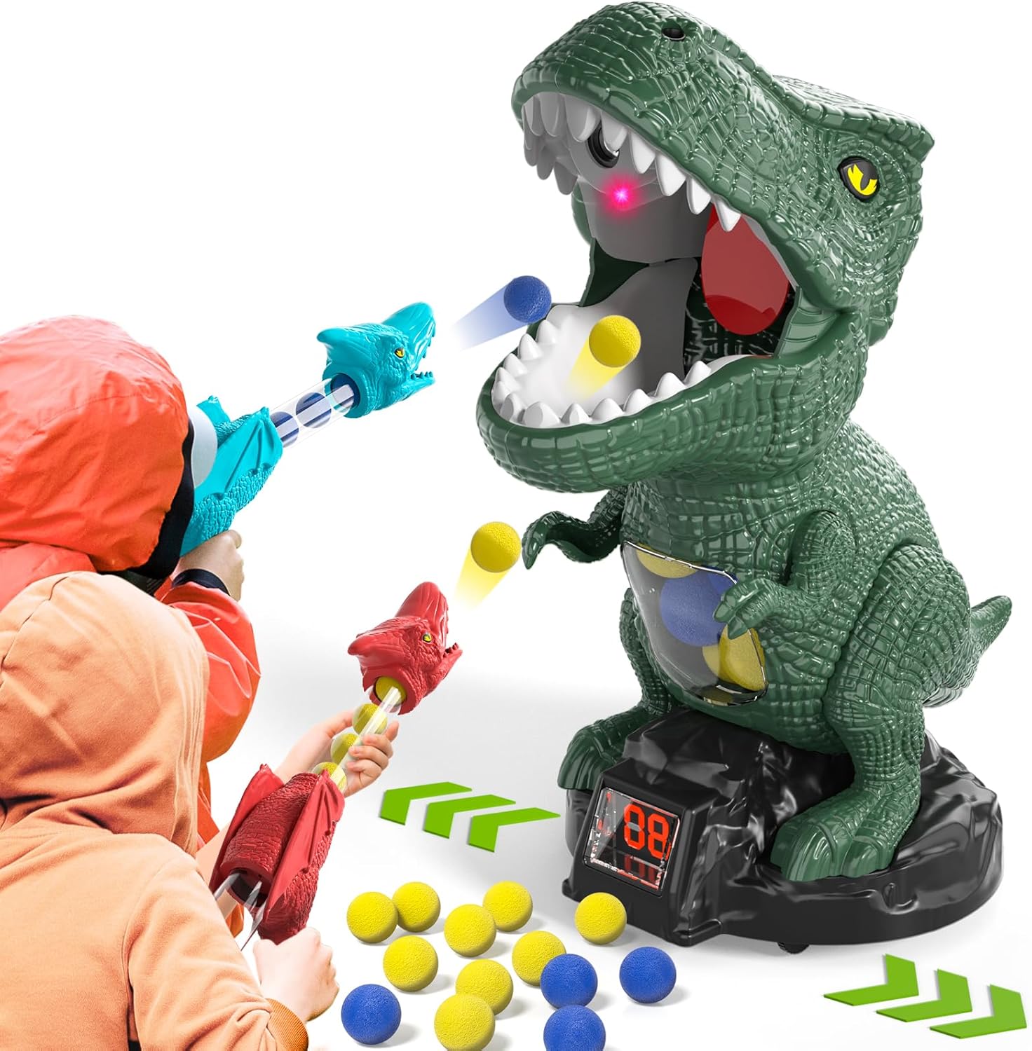 Blmukce Dinosaur shooting game front view with air pump launchers
