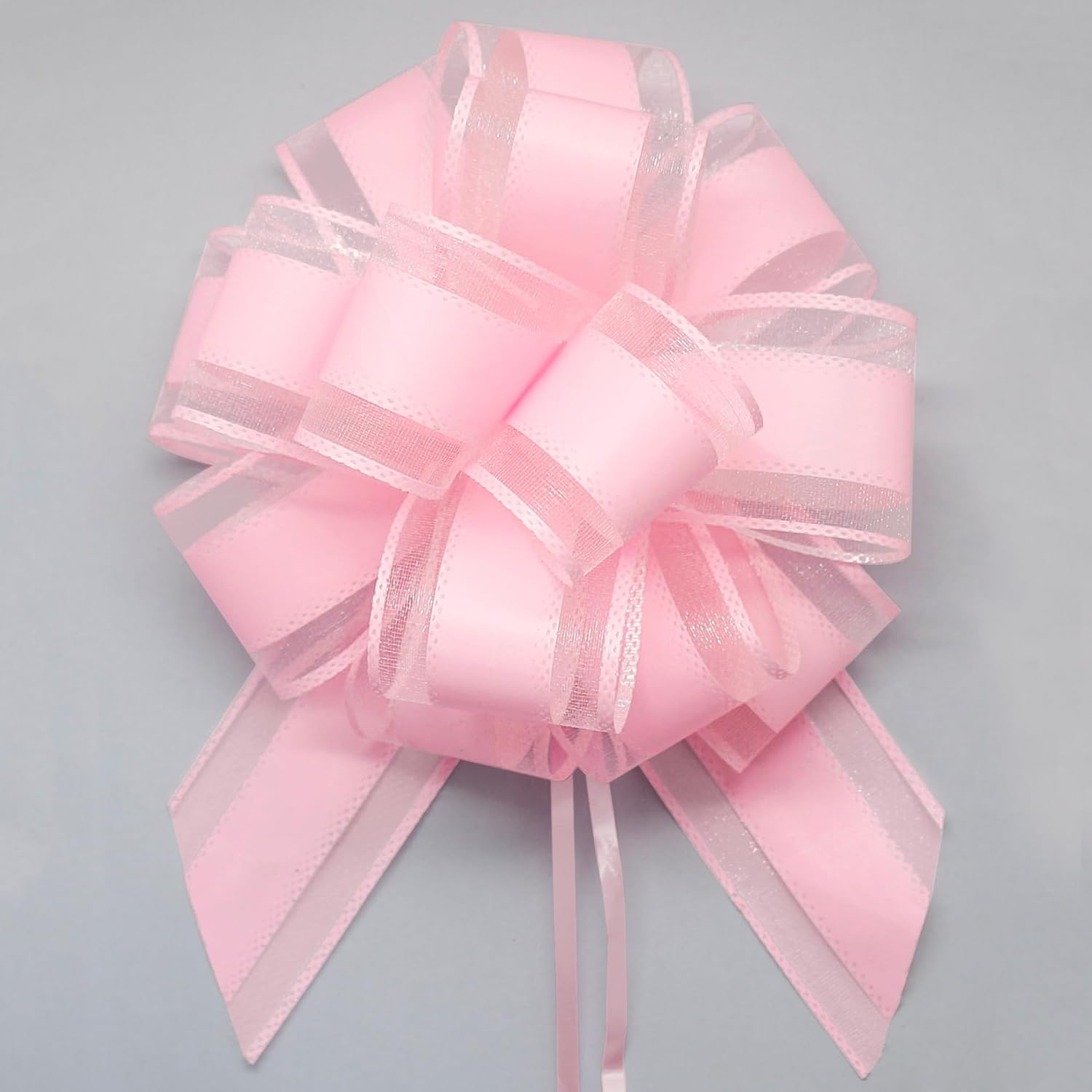 FQTANJU Pink Organza Pull Bows 5 Count package front view showing classic sheer gift ribbon styling.