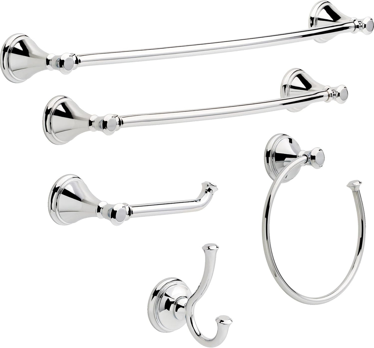 Close-up of the polished chrome finish on the Delta towel holder