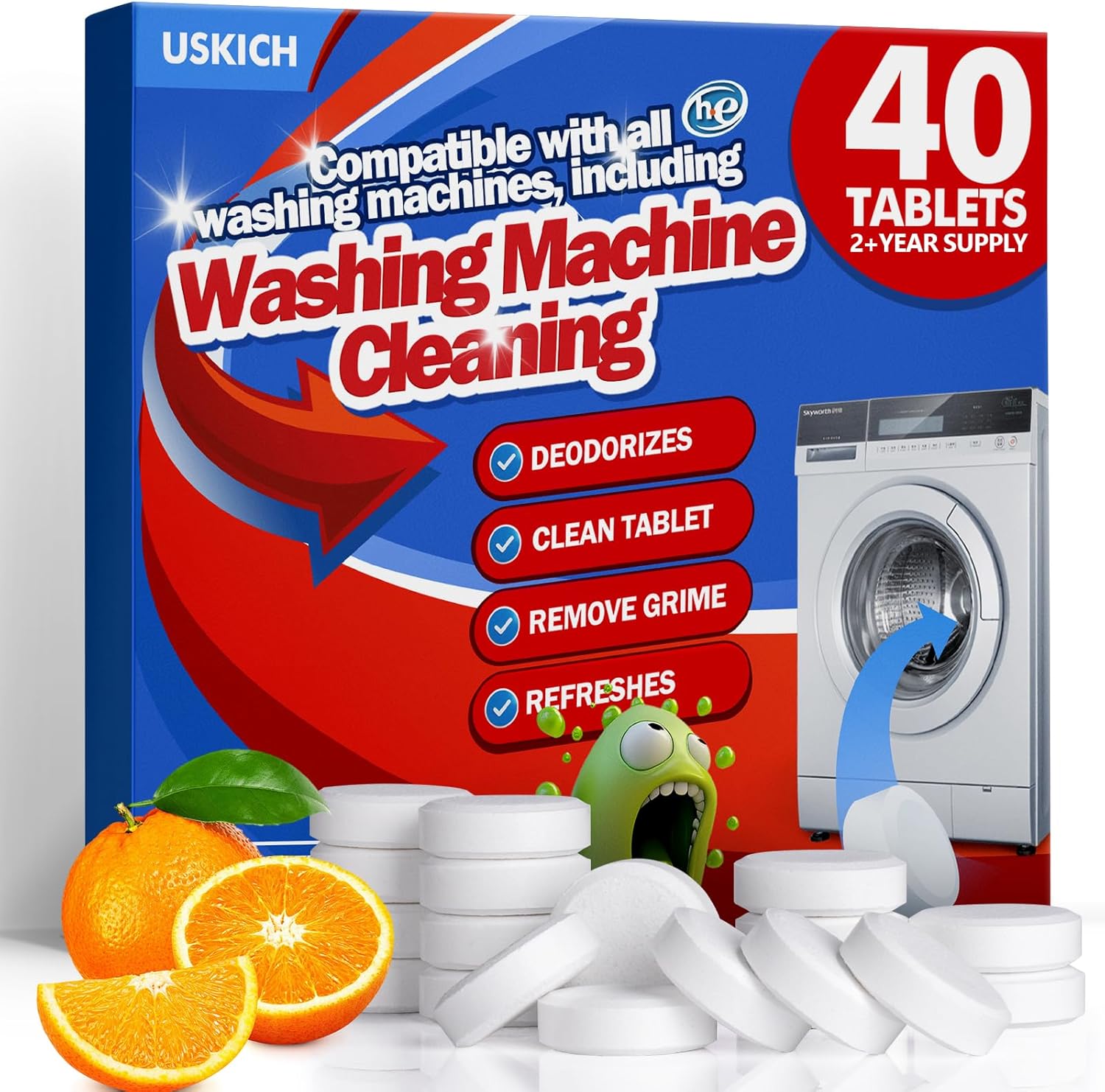 USKICH Washing Machine Cleaner 40 Pack front view deep cleaning tablets