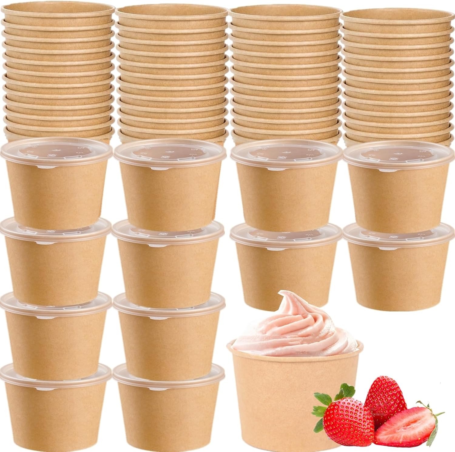 CEZOOWYEX 100 Pack Paper Food Containers with lids front view disposable kraft soup bowls.