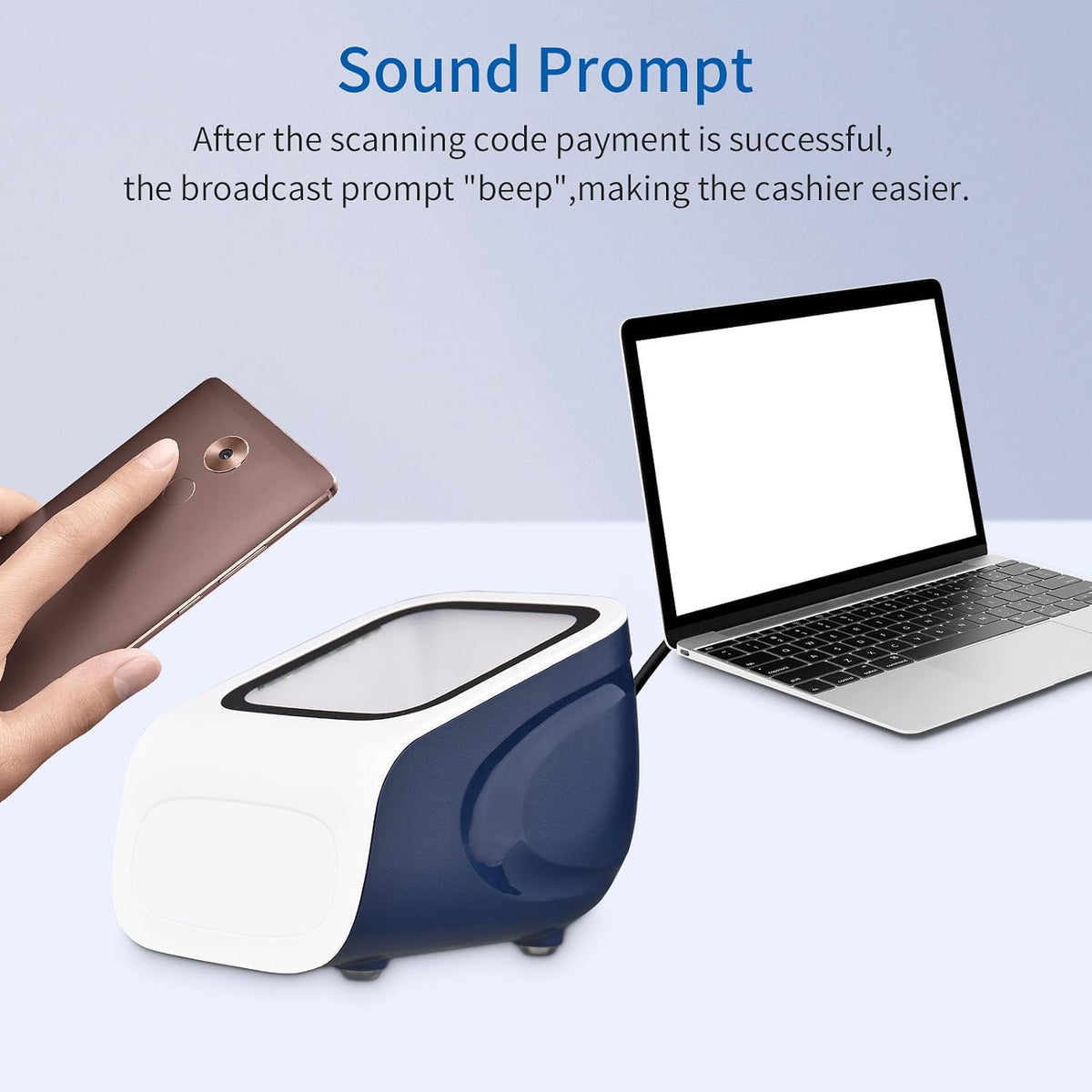YWBL-WH desktop barcode scanner on retail checkout counter