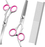 Saccison Gemek dog grooming scissors kit showing the full pink four piece set from the front view