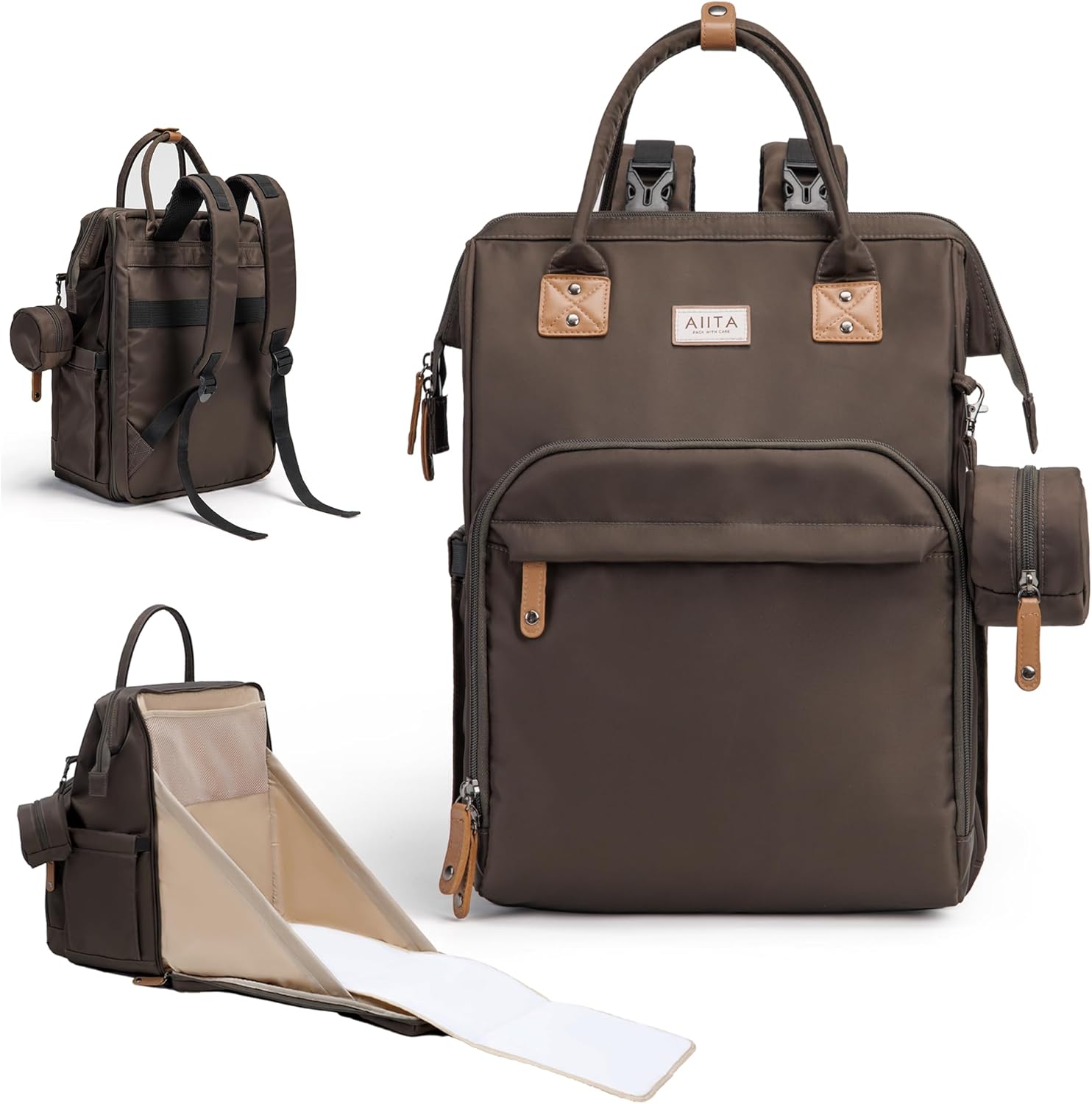 AIITA diaper bag backpack front view in black brown color showing premium zippers and structured design.