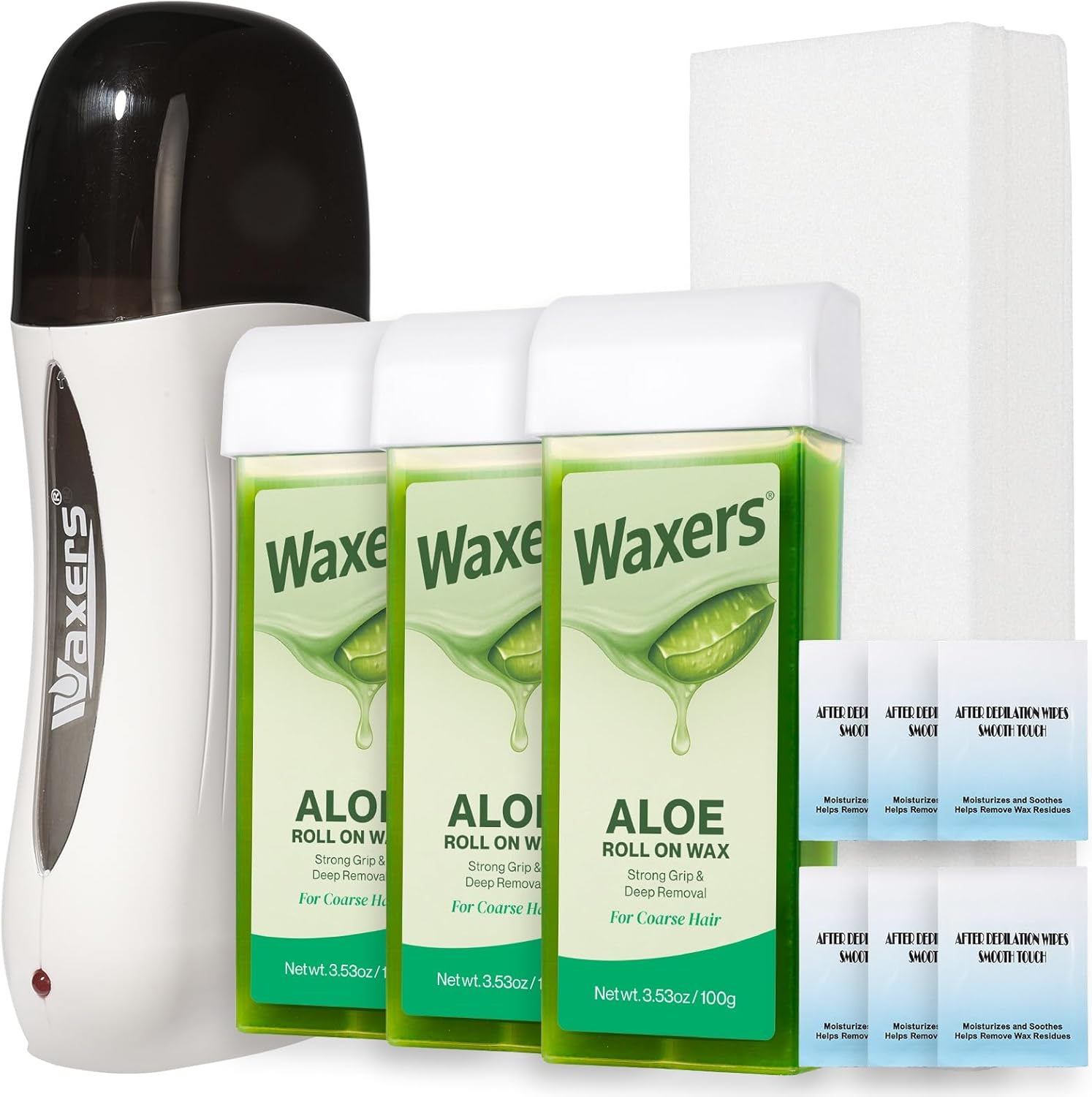 Waxers roll on wax kit front view showing white electric roller heater and green aloe vera cartridges