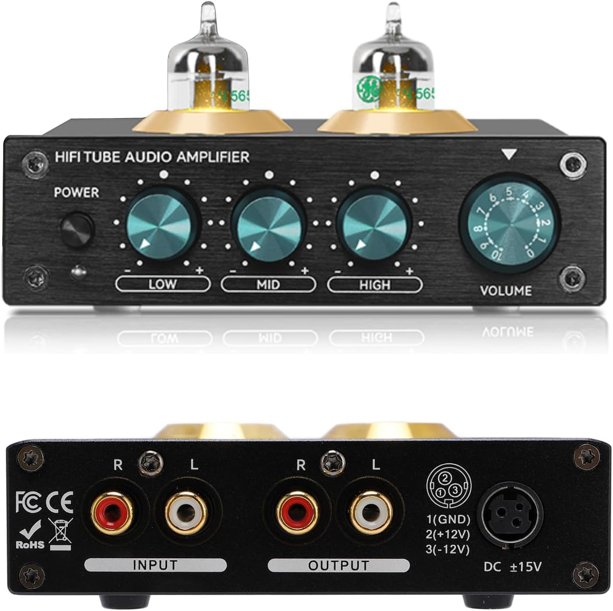 Fancywhoop VE-200 tube audio amplifier front view showing three band EQ knobs and master volume controls.