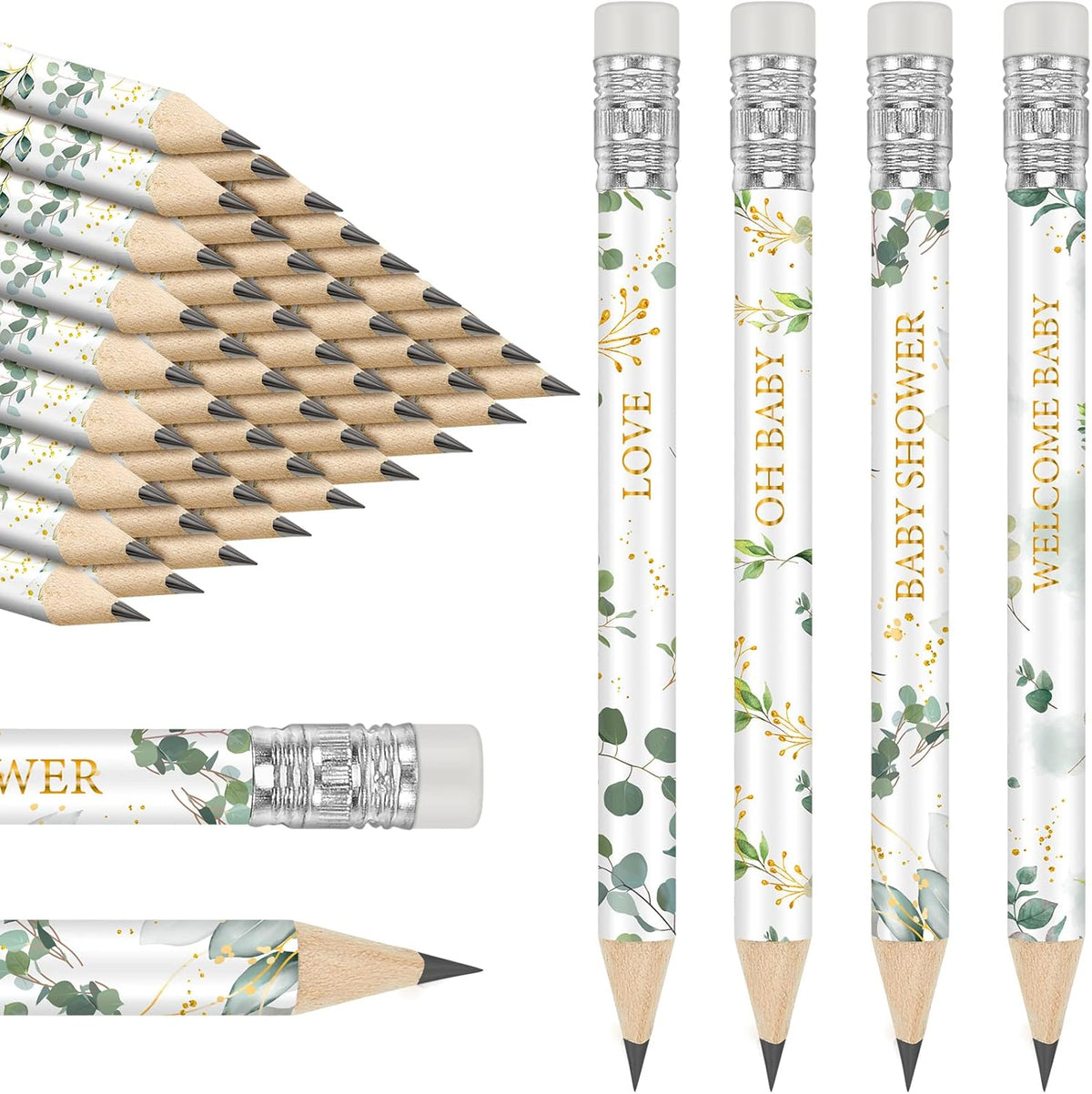 Tinlade sage green baby shower golf pencils sixty count front view showing pre-sharpened tips.