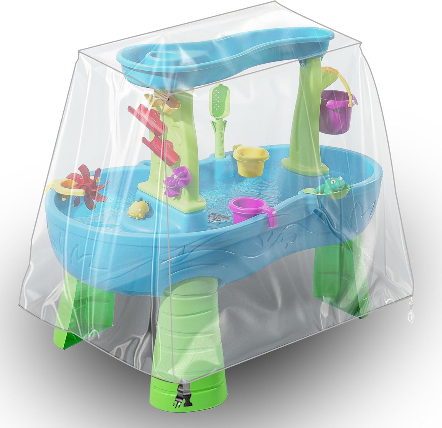 IndigoTempest9 kids water table cover front view showing clear plastic material over outdoor toy