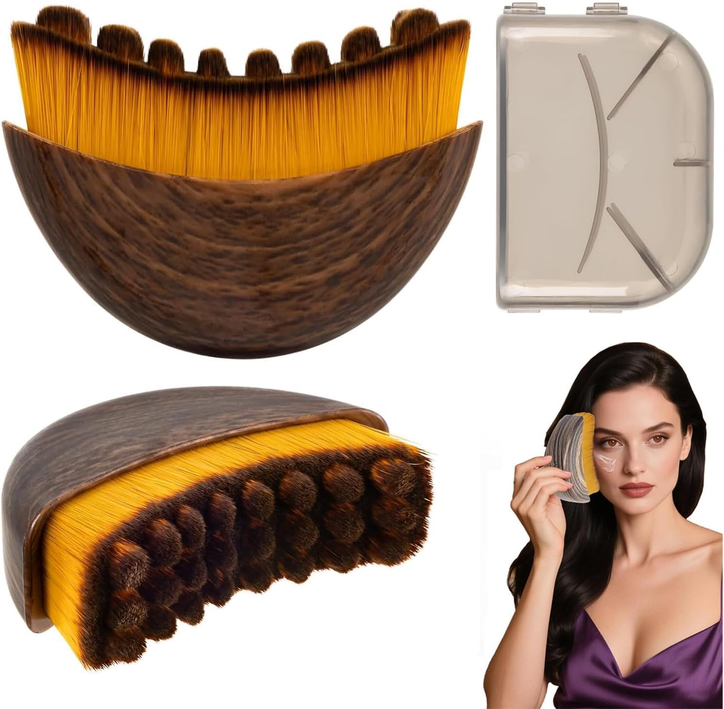 Yuequle Lymphatic Contour Face Brush front view showcasing the curved wood handle and dense yellow bristles for facial massage.